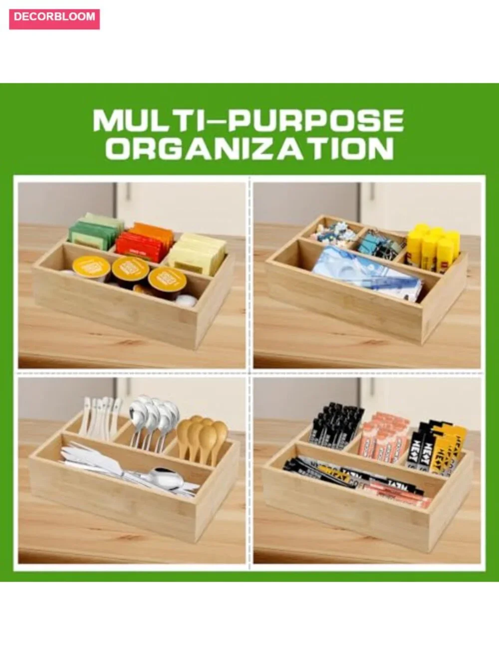 2 Pack Bamboo Tea Bag Organizers for Drawers, Coffee Station Storage